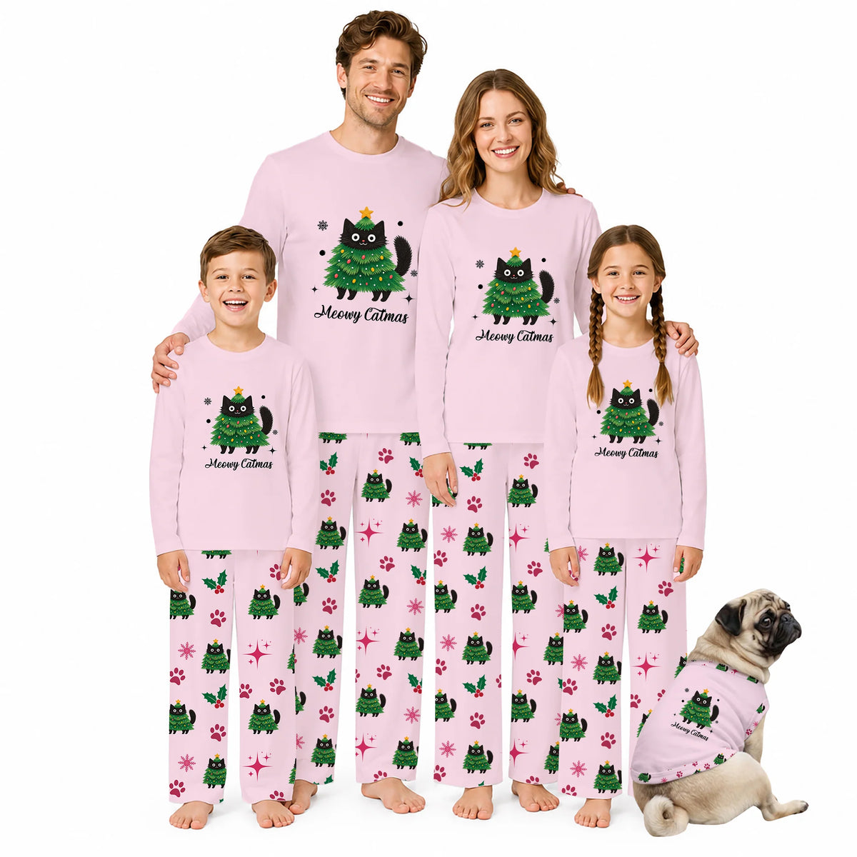 Meowy Catmas Christmas Tree Black Cat Family Matching Pajamas Set with Dog