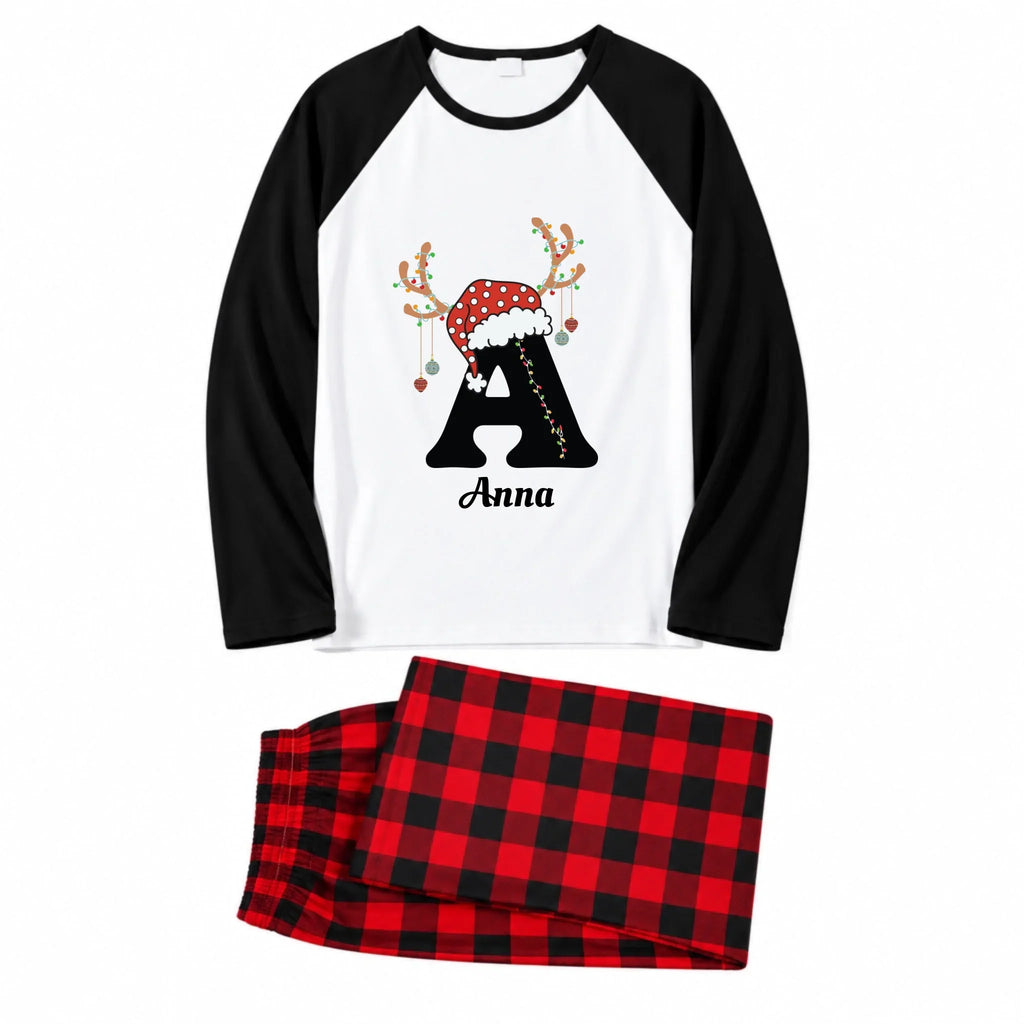 Personalized Reindeer Initial Red Plaid Family Christmas Pajamas