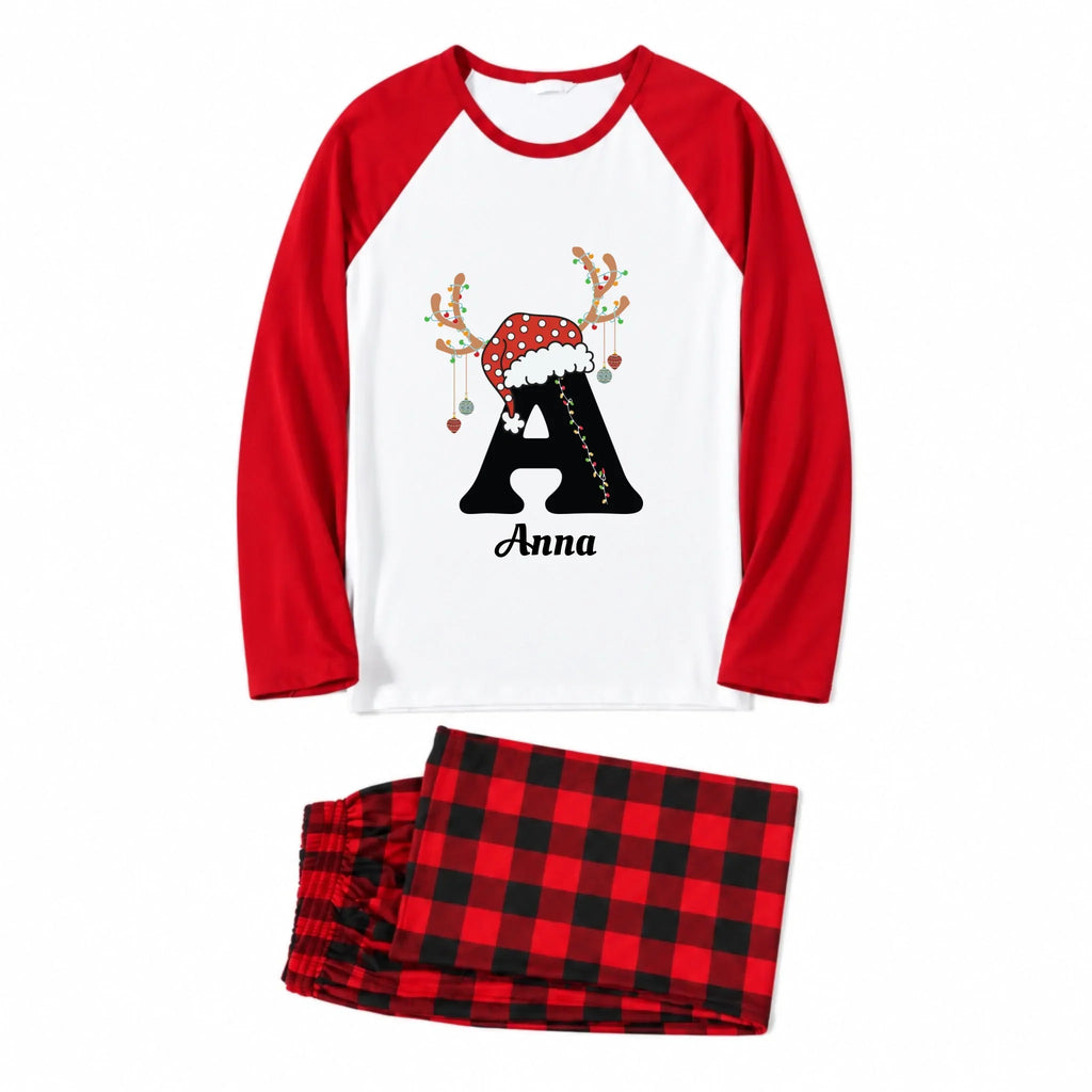 Personalized Reindeer Initial Red Plaid Family Christmas Pajamas