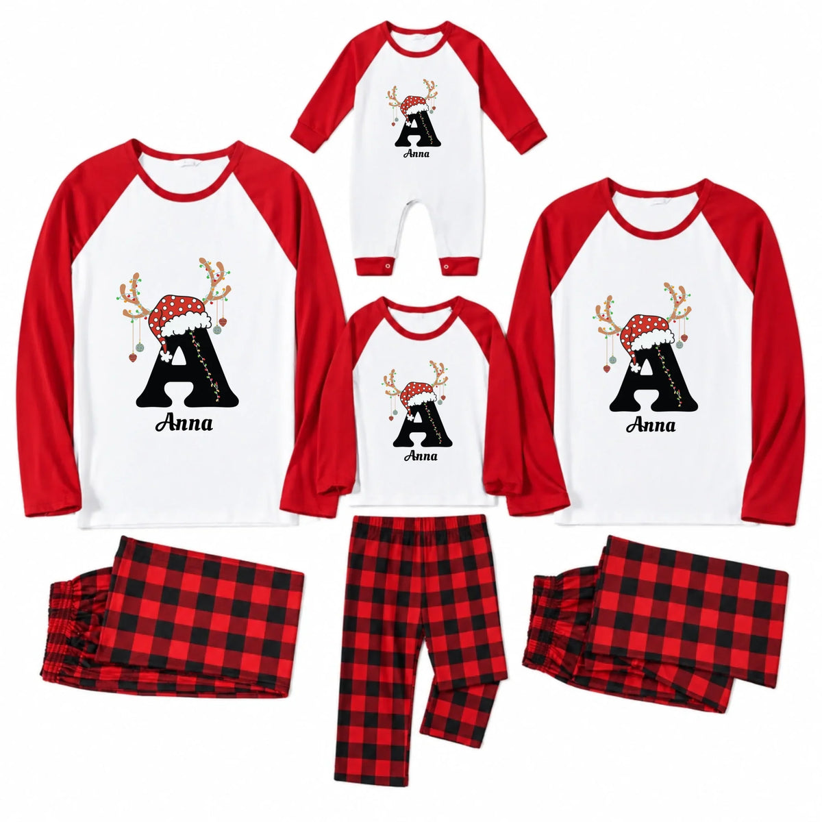 Personalized Reindeer Initial Red Plaid Family Christmas Pajamas