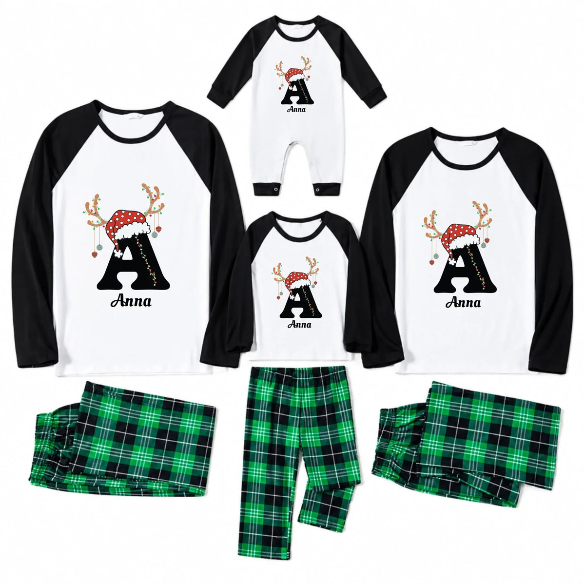 Personalized Reindeer Initial Red Plaid Family Christmas Pajamas
