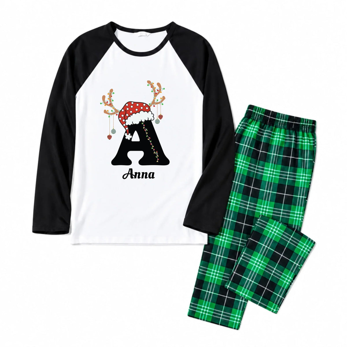 Personalized Reindeer Initial Red Plaid Family Christmas Pajamas