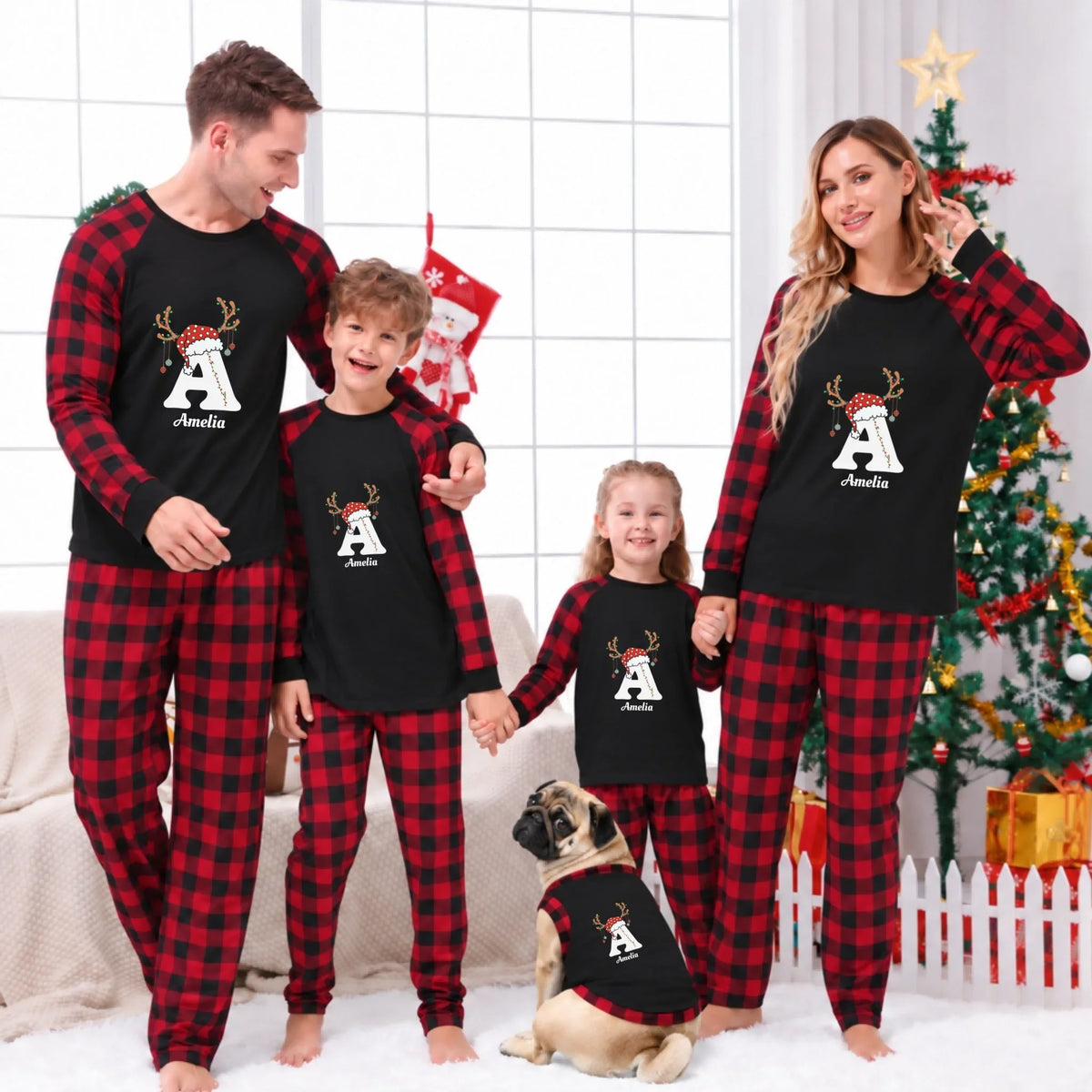 Personalized Reindeer Initial Red Plaid Family Christmas Pajamas
