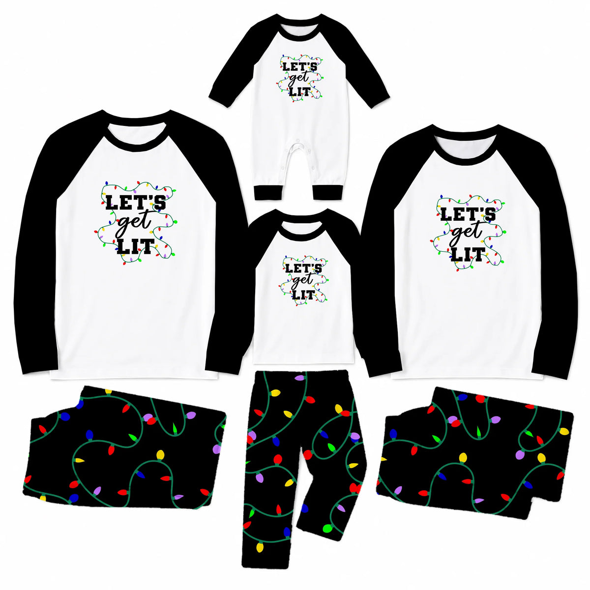 Let’s Get Lit Christmas Lights Raglan Family Matching Pajamas