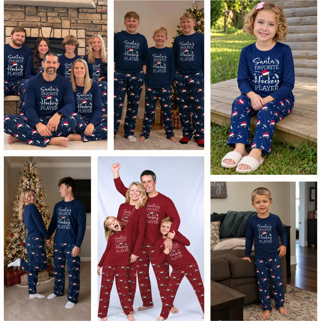Santa's Favorite Hockey Player Matching Family Christmas Pajamas