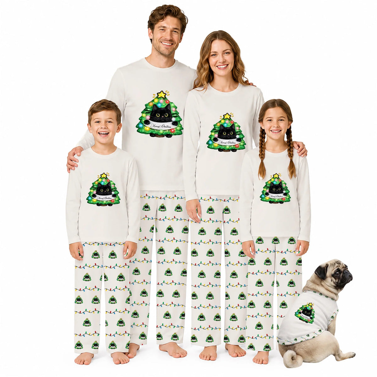 Funny Black Cat In Christmas Tree Family Pajamas for Adults Kids Dog