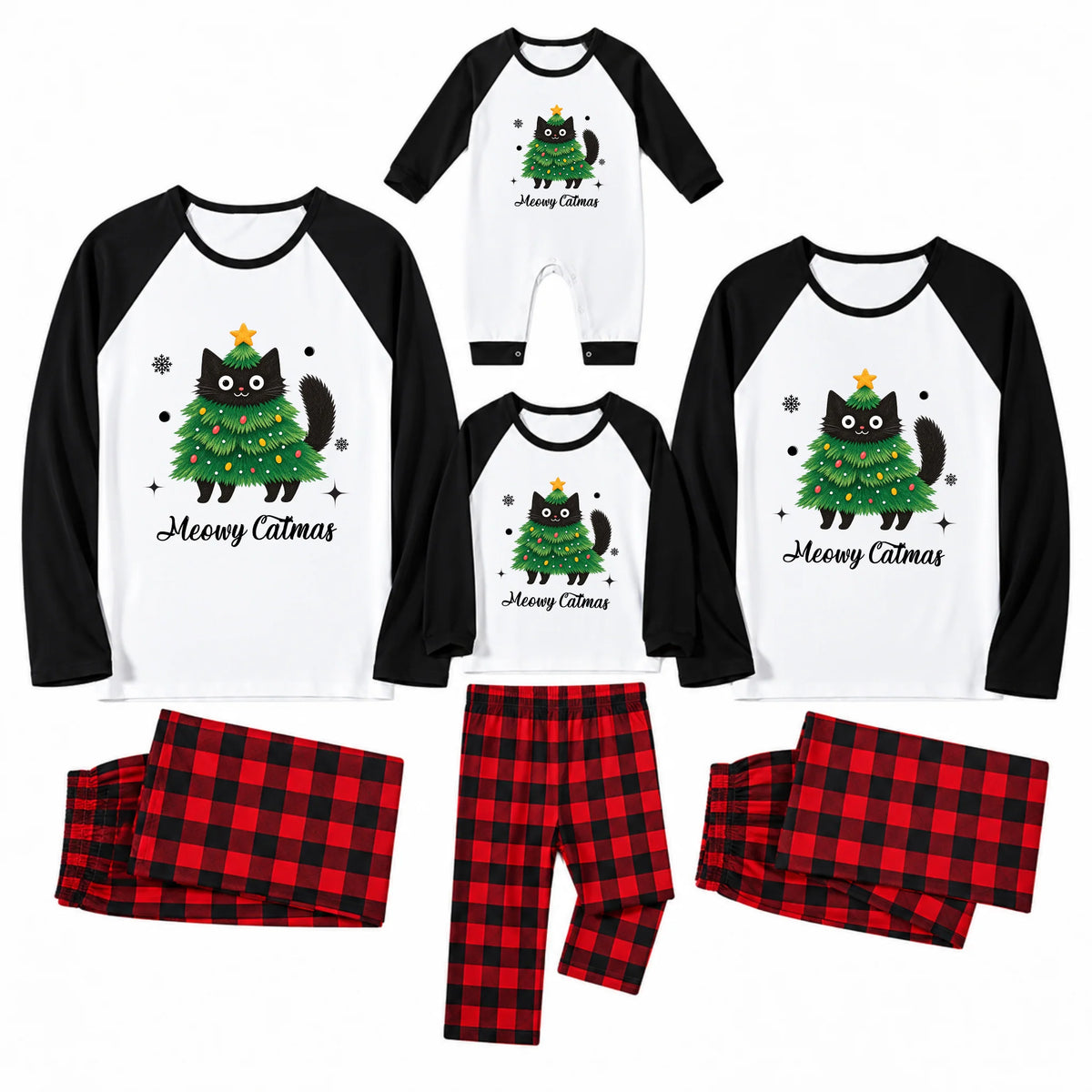 Meowy Catmas Black Cat Plaid Family Christmas Pajamas