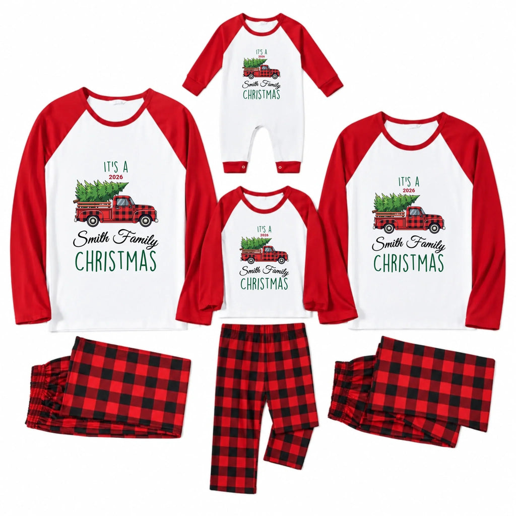 Personalized Family Name Red Truck Christmas Matching Pajamas
