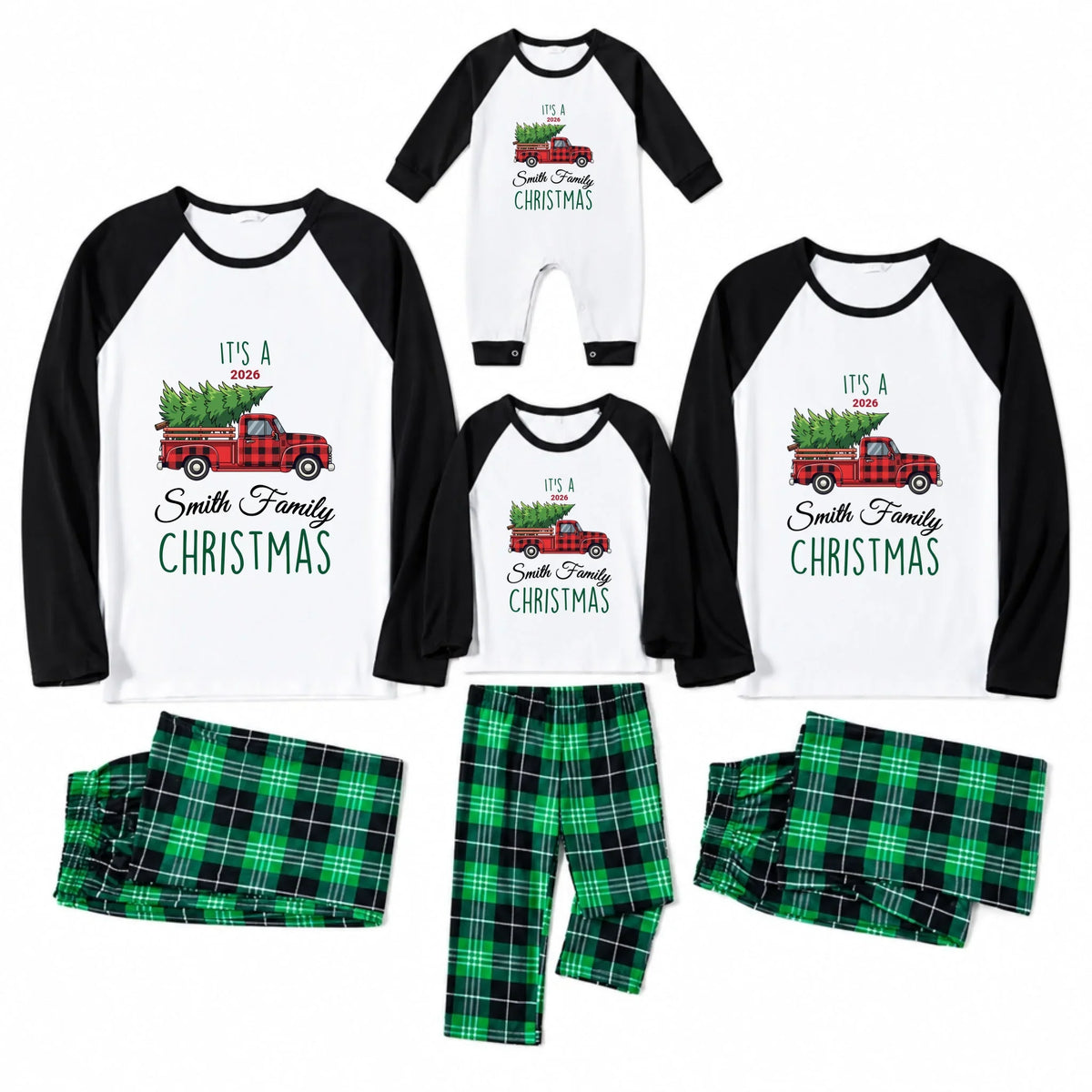 Personalized Family Name Red Truck Christmas Matching Pajamas