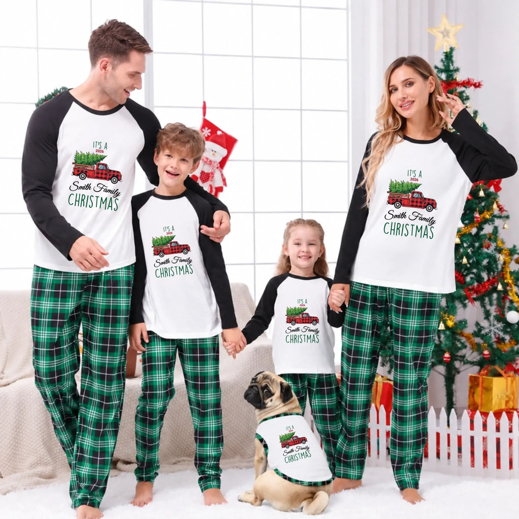 Personalized Family Name Red Truck Christmas Matching Pajamas