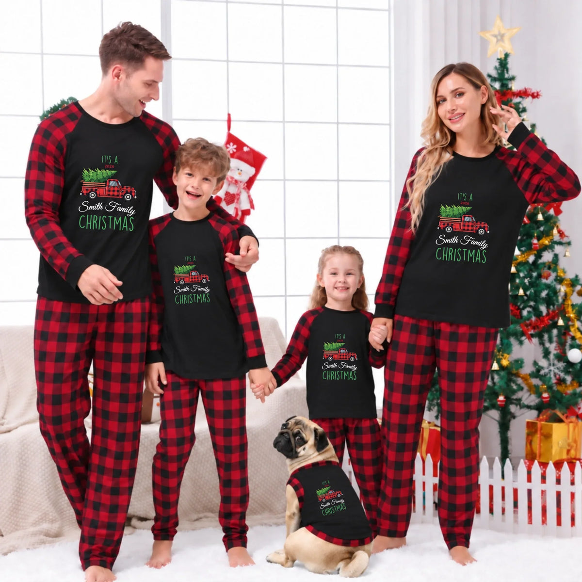 Personalized Family Name Red Truck Christmas Matching Pajamas