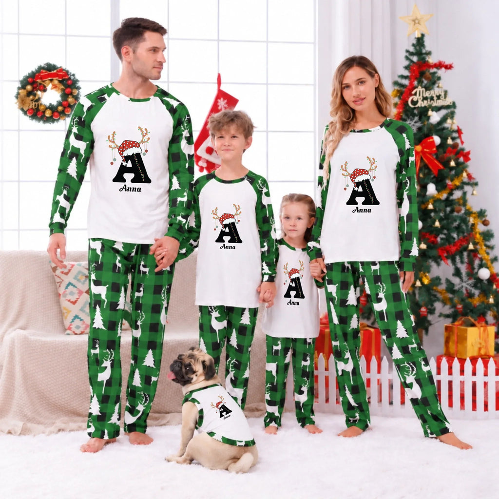 Personalized Reindeer Monogram Christmas Family Matching Pajamas
