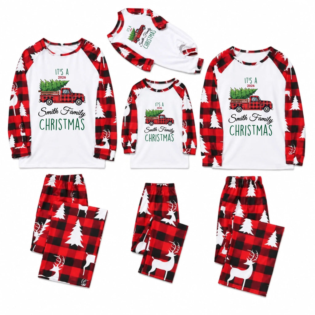 Custom Family Name Red Truck Buffalo Plaid Christmas Pajamas