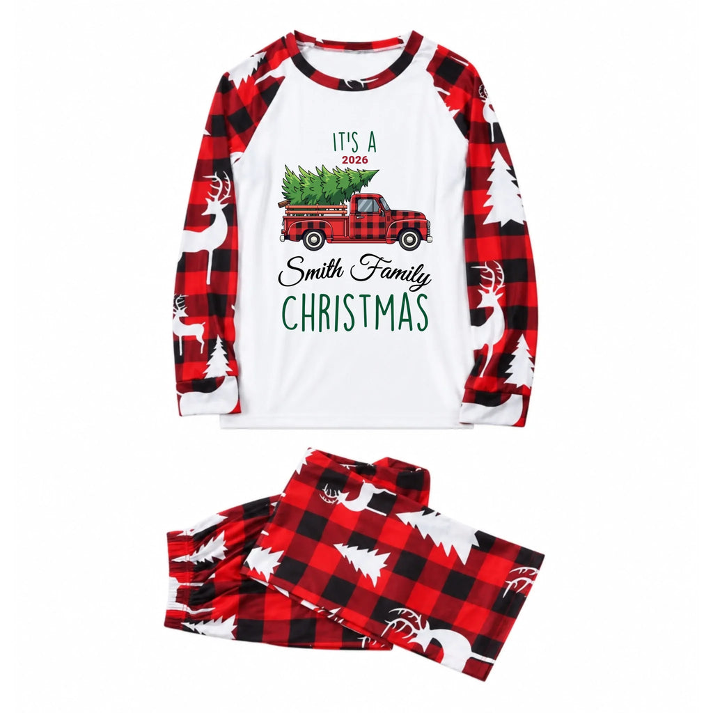 Custom Family Name Red Truck Buffalo Plaid Christmas Pajamas