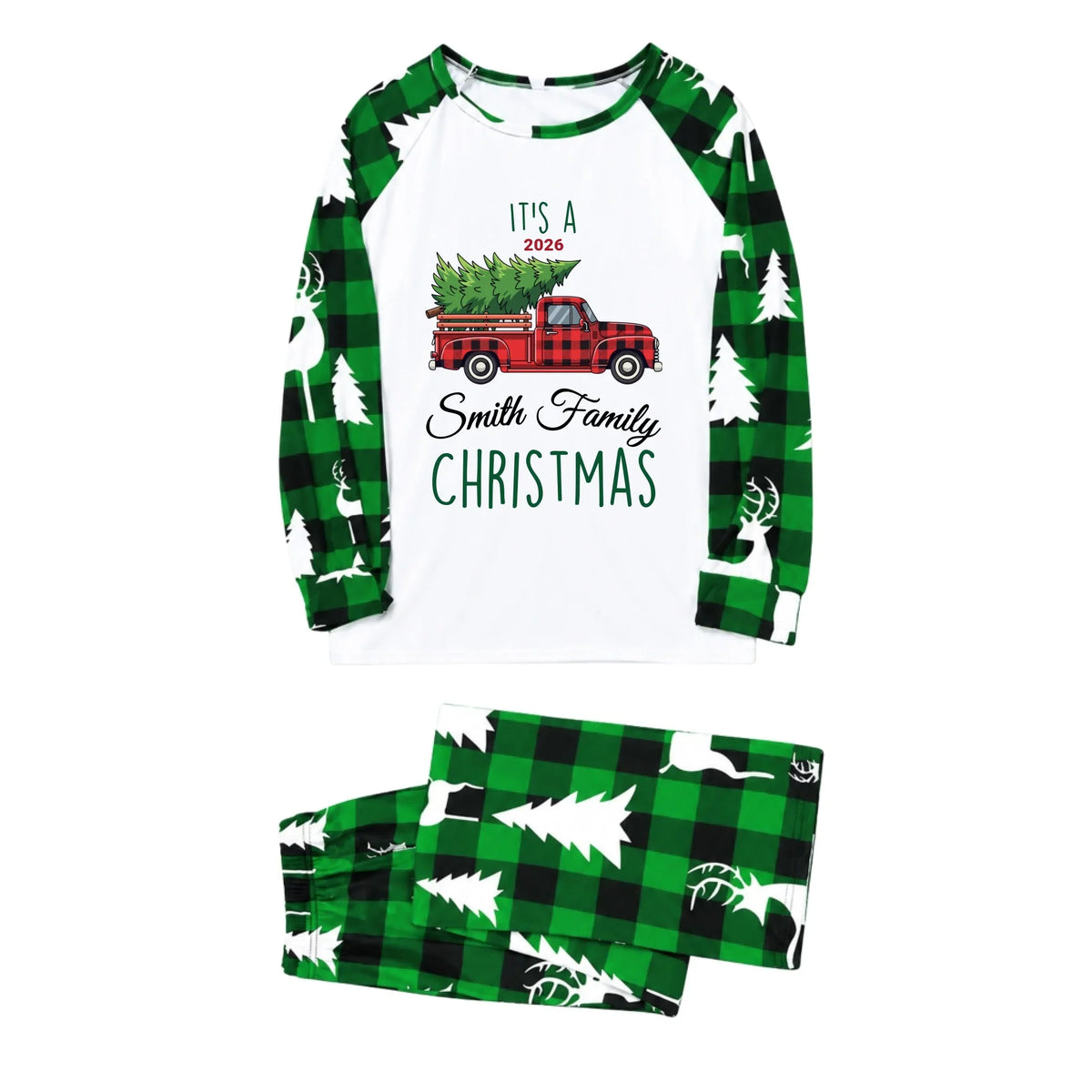Custom Family Name Red Truck Buffalo Plaid Christmas Pajamas