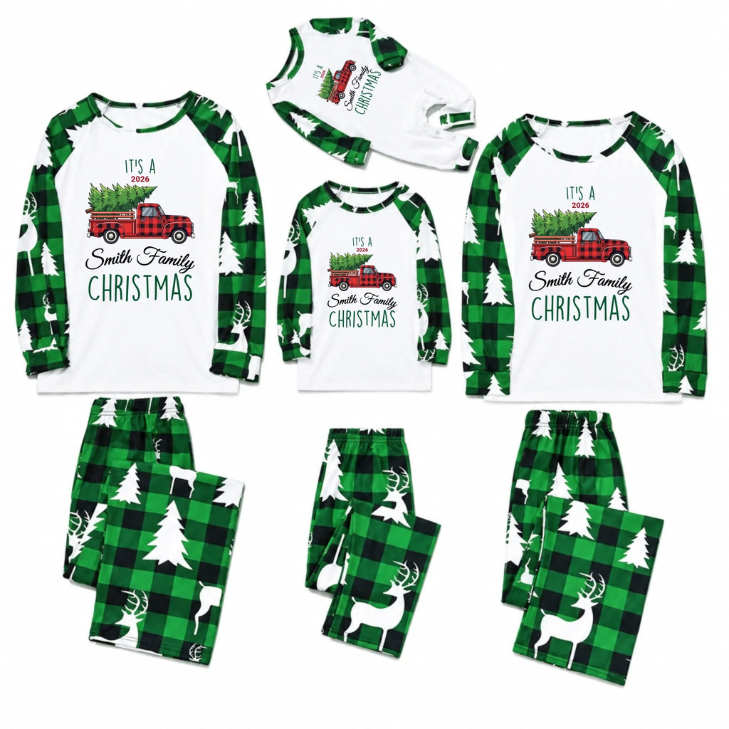 Custom Family Name Red Truck Buffalo Plaid Christmas Pajamas