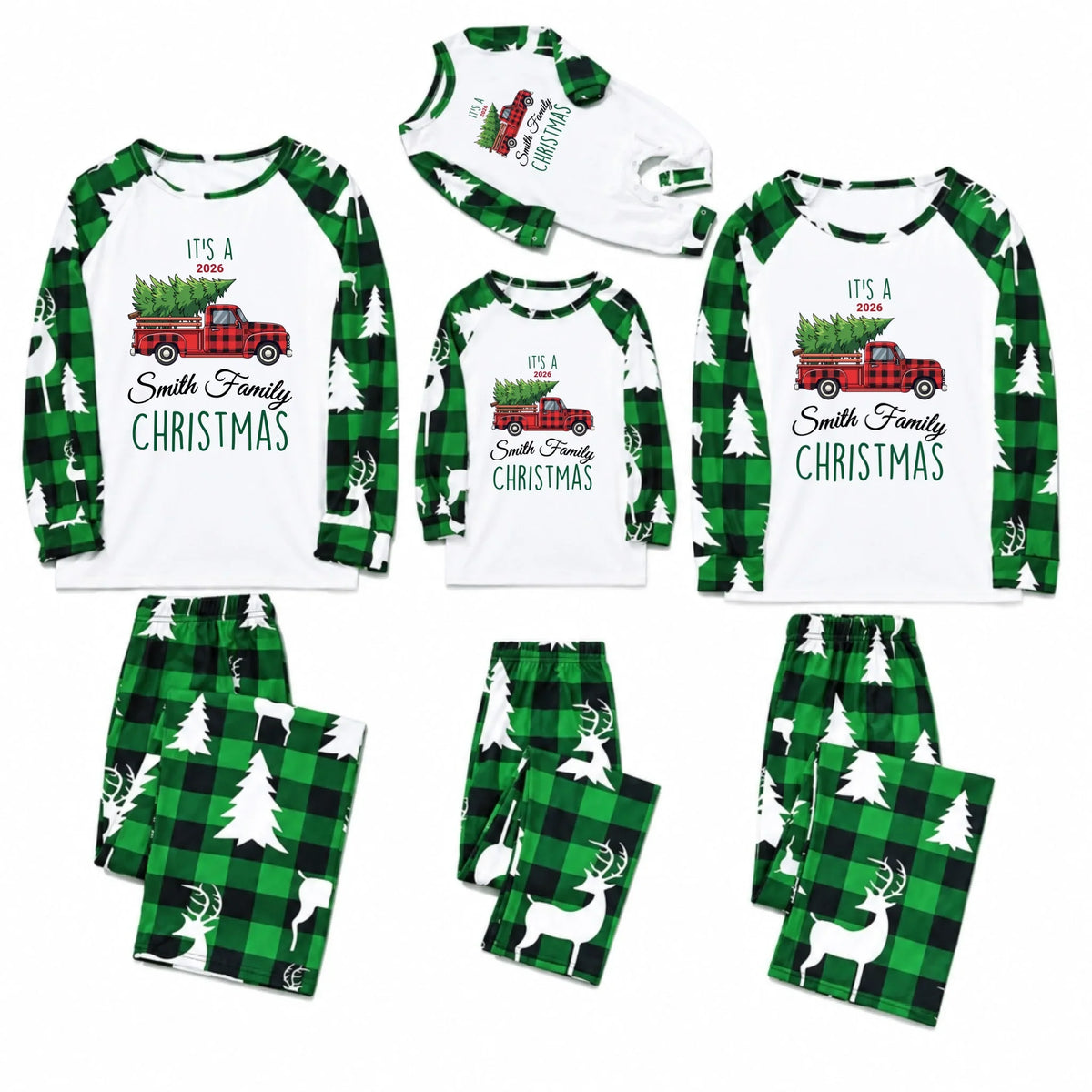 Custom Family Name Red Truck Buffalo Plaid Christmas Pajamas