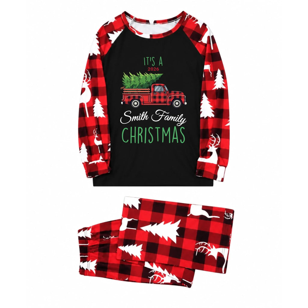 Custom Family Name Red Truck Buffalo Plaid Christmas Pajamas