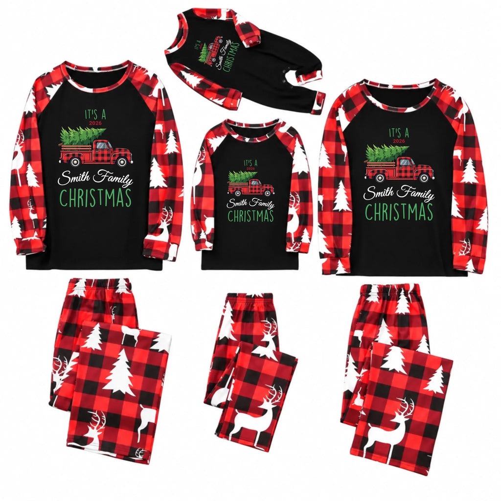Custom Family Name Red Truck Buffalo Plaid Christmas Pajamas