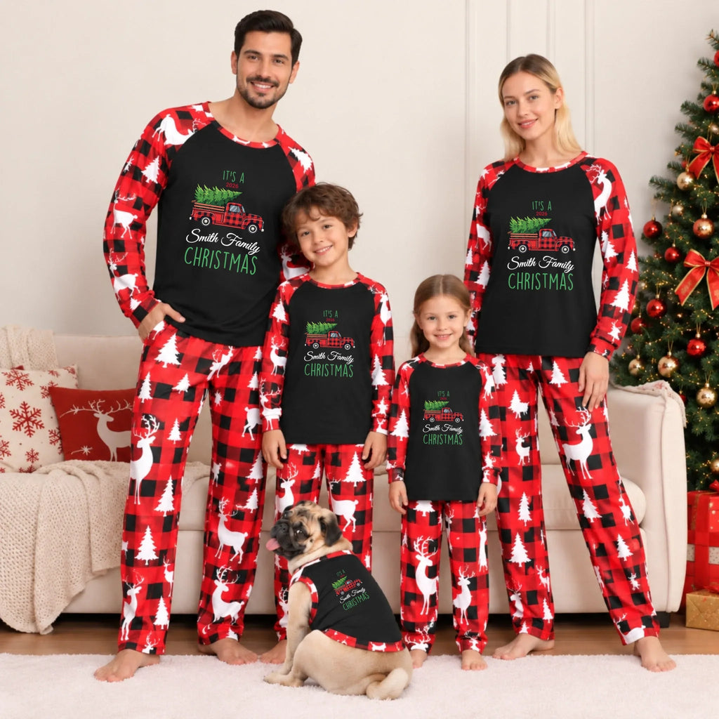 Custom Family Name Red Truck Buffalo Plaid Christmas Pajamas