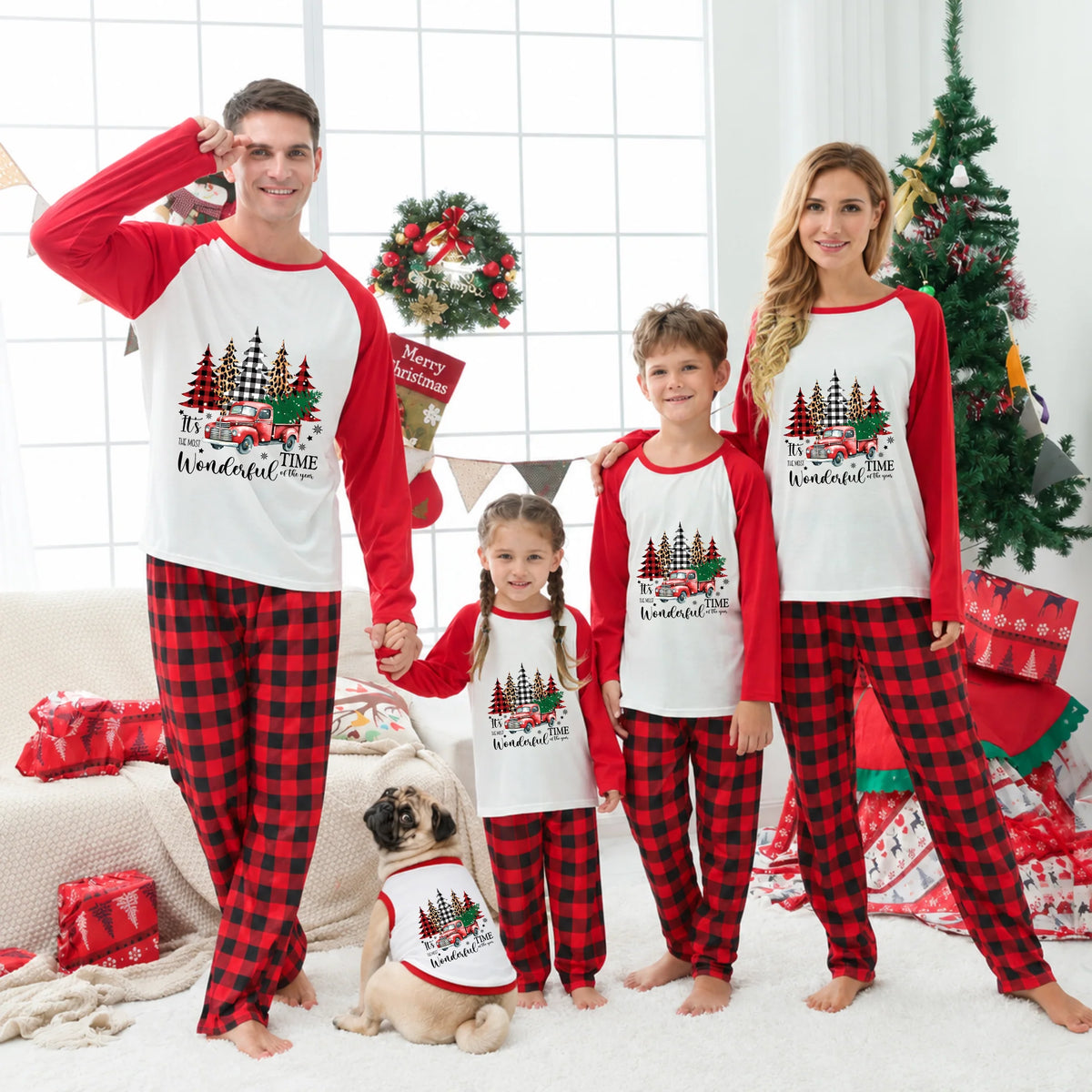Most Wonderful Time Red Truck Buffalo Plaid Family Christmas Pajamas