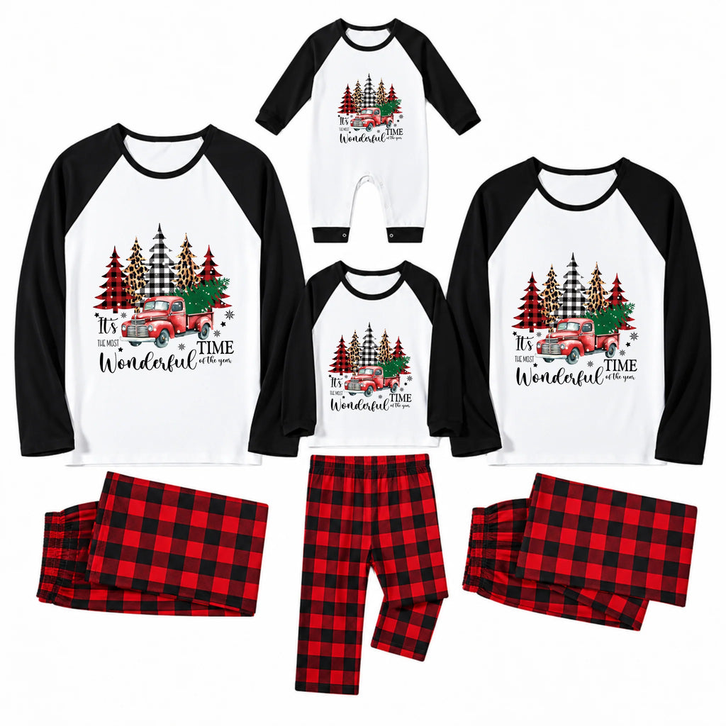 Most Wonderful Time Red Truck Buffalo Plaid Family Christmas Pajamas