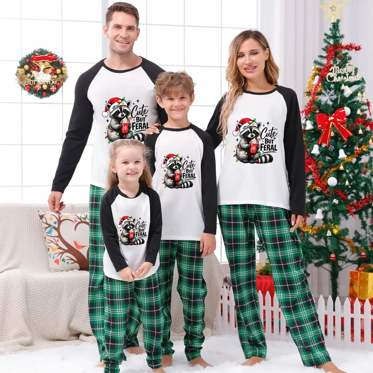 Cute But Feral Raccoon Christmas Family Matching Pajamas