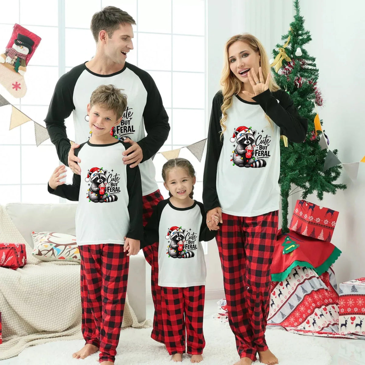 Cute But Feral Raccoon Christmas Family Matching Pajamas