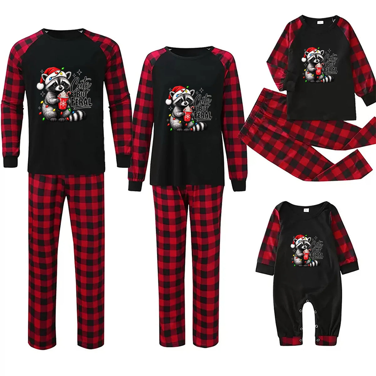 Cute But Feral Raccoon Christmas Family Matching Pajamas