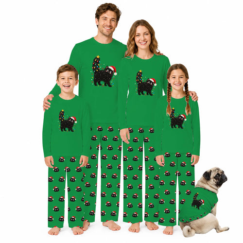 Black Cat Christmas Tree Family Matching Pajamas With Pockets
