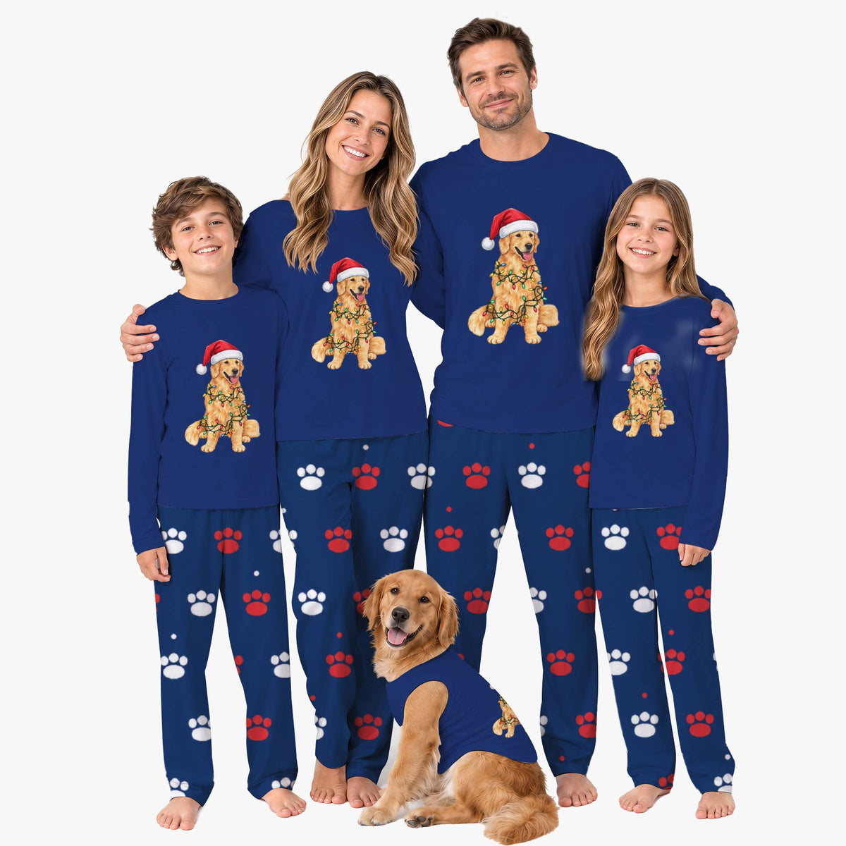 Christmas Pajamas For Family With Golden Retrievers On Them And Pockets