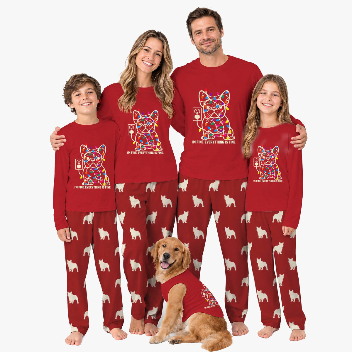 Red Funny French Bulldog Matching Family Xmas Pajamas With Pockets